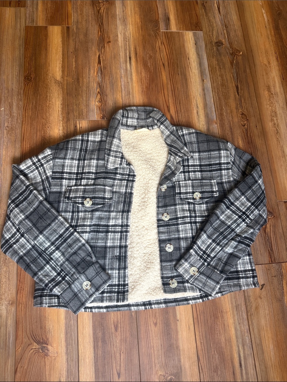 Altar'd State Gray & Cream Plaid Sherpa-Lined Jacket